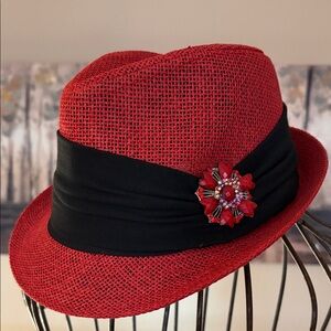 NEW The Hatter Company Red Woven Fedora Black Band Blingy Brooch One Size